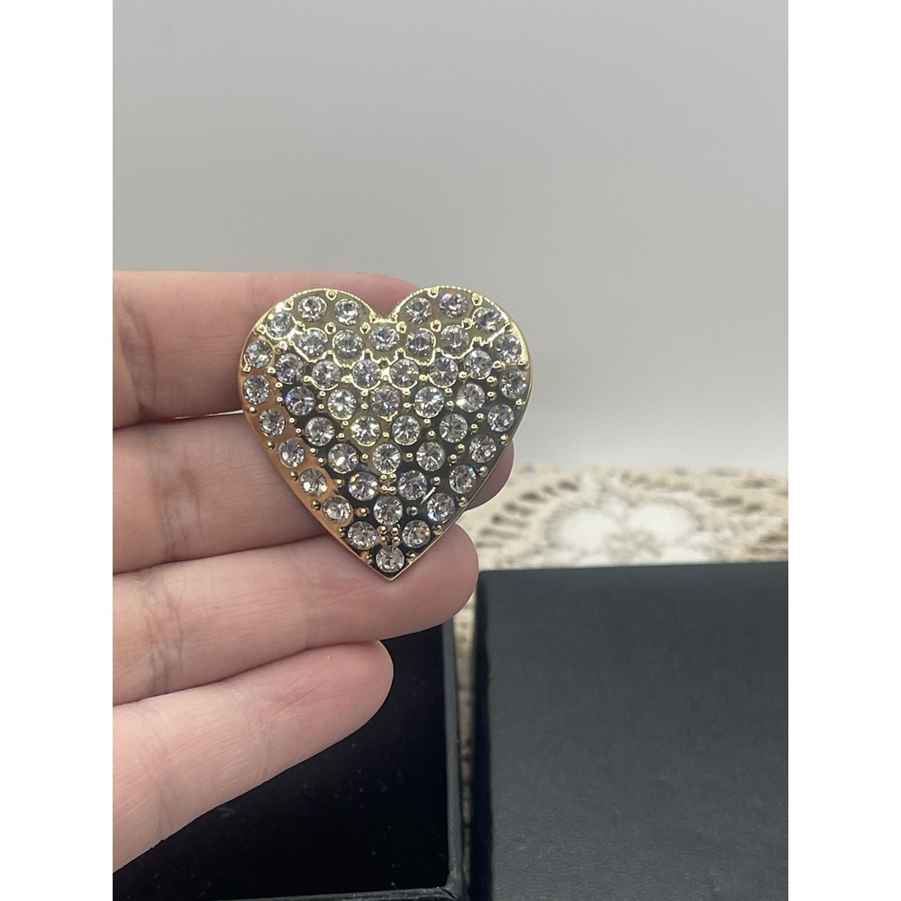 Heart Pin Vintage Gold Tone White Rhinestone